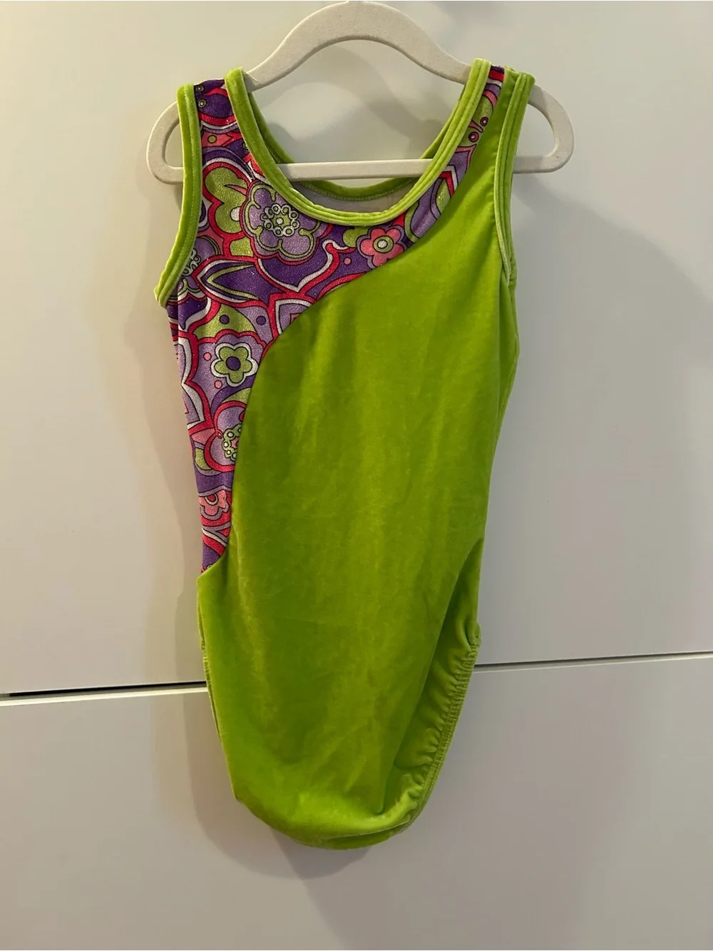 Mondor Girls' Lime Green Floral Panel Dance or Gymnastics Leotard - 10/12